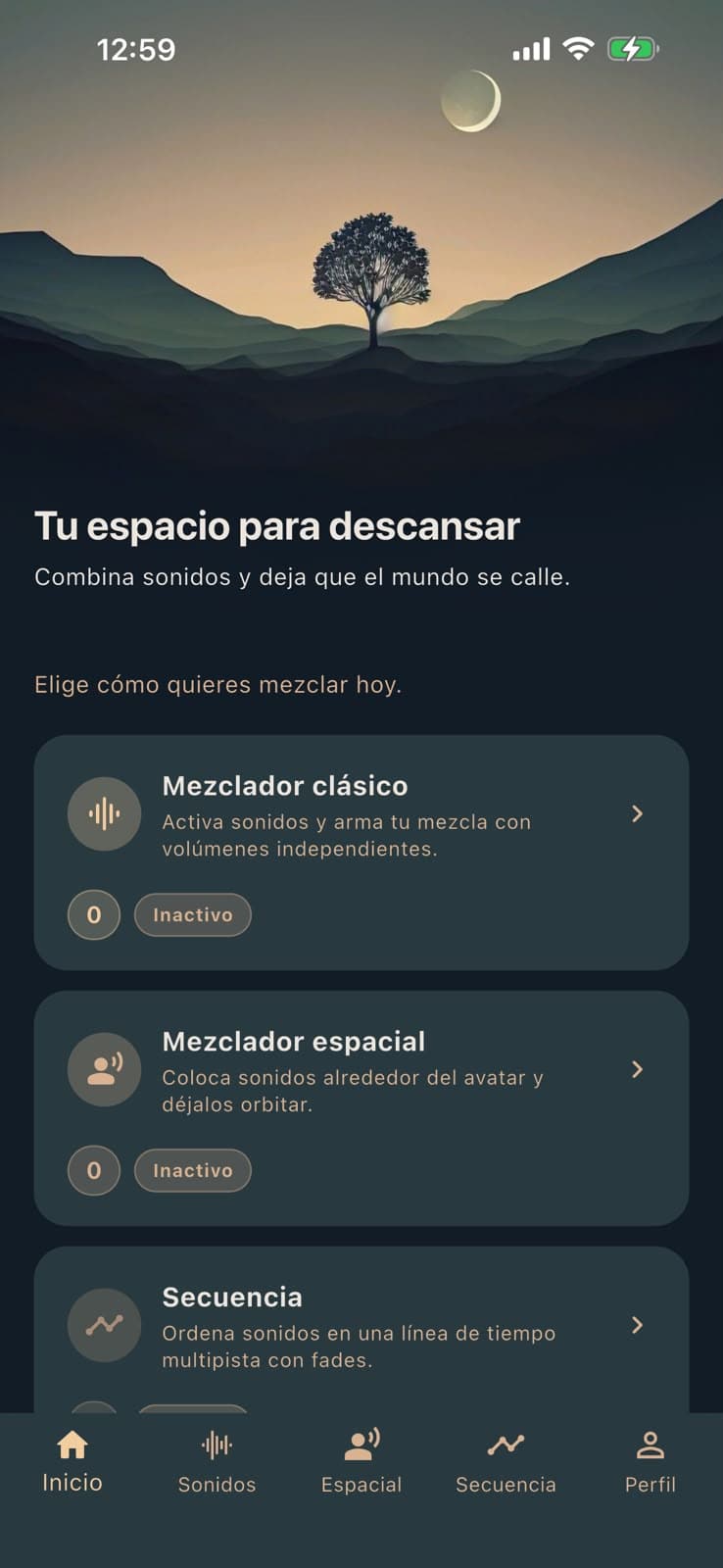 Lumneris — pantalla de inicio de la app móvil