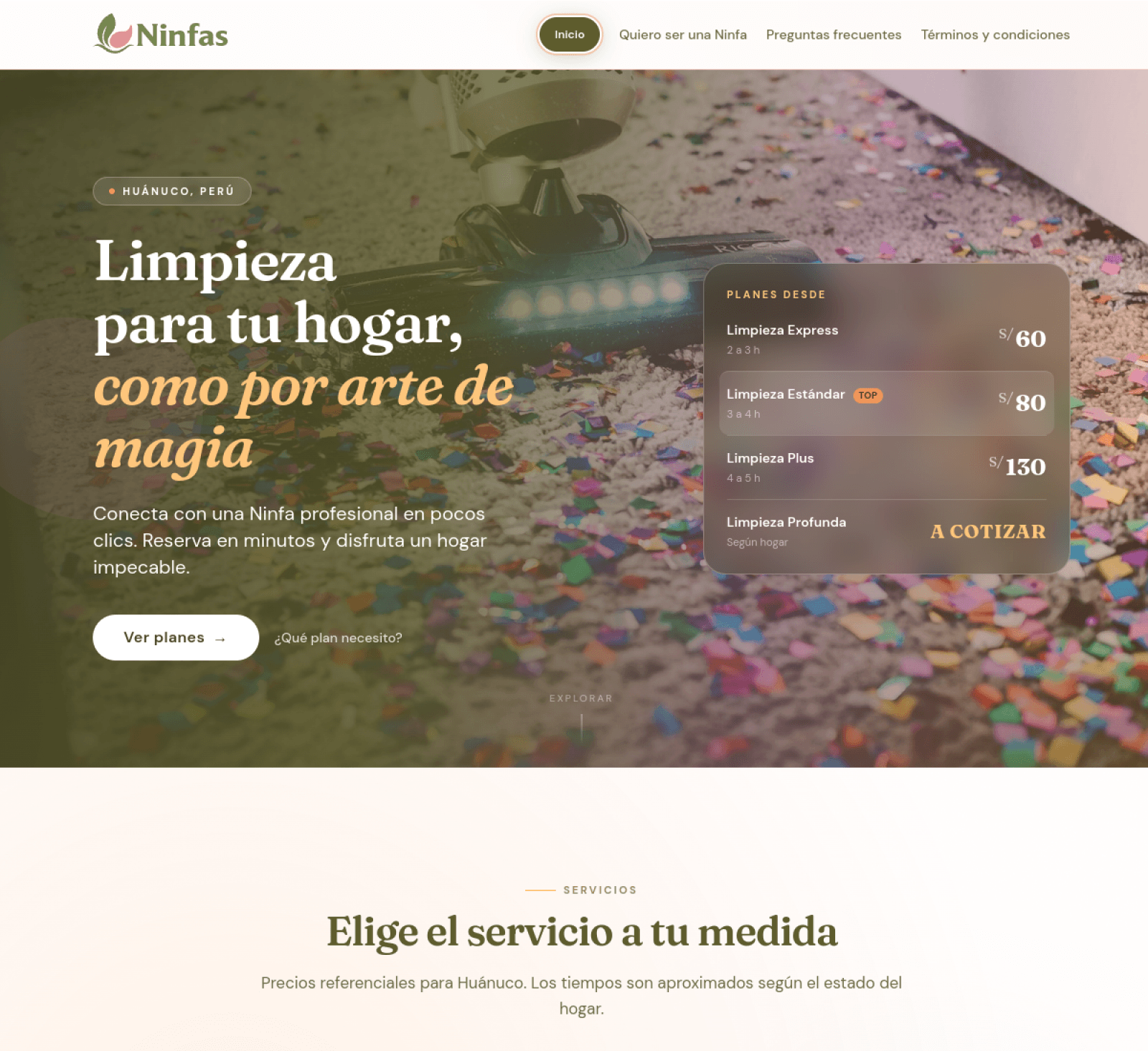 Sitio web de ninfas.pe — marketplace de limpieza para el hogar